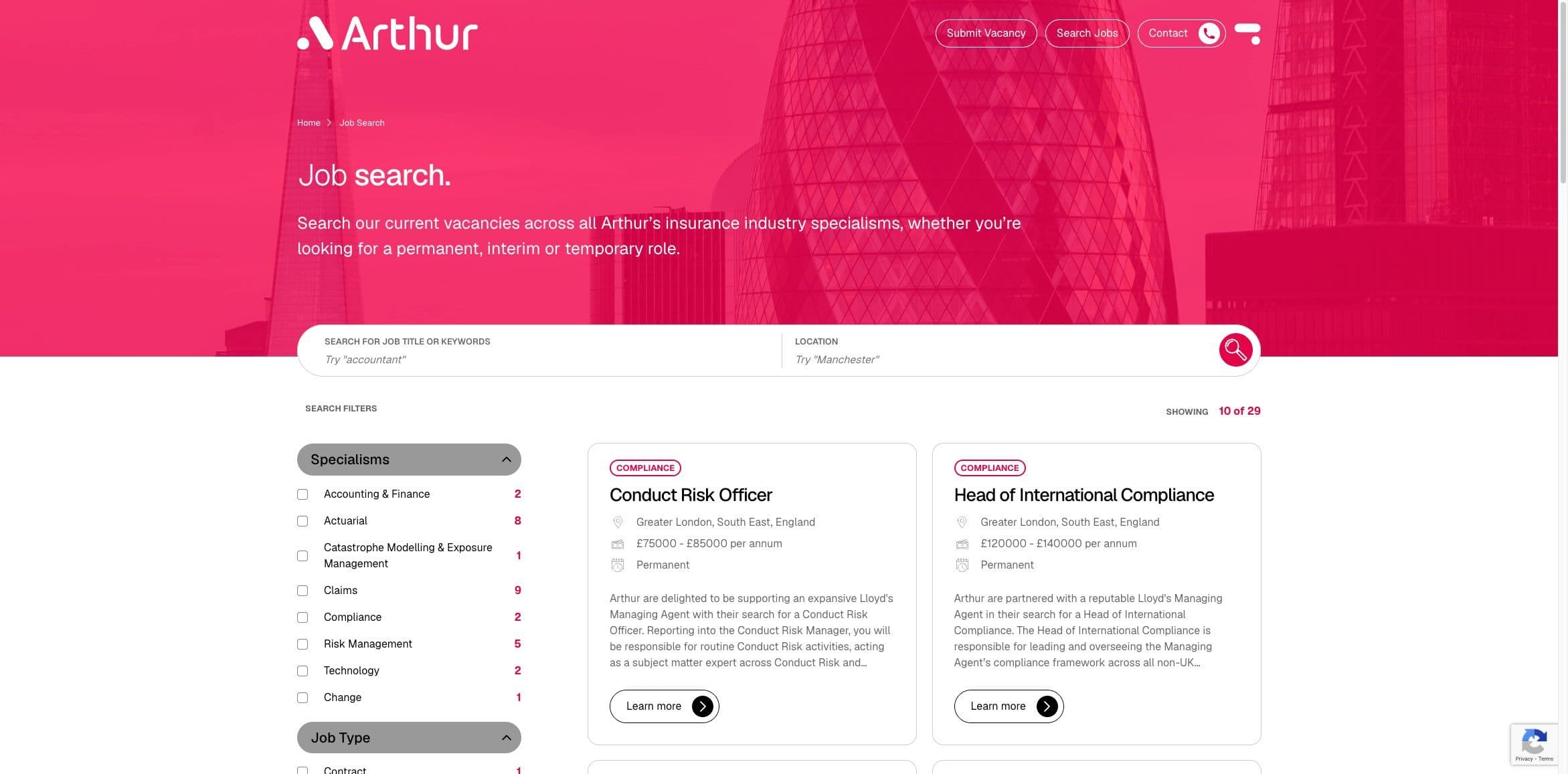 Arthur's new job search page